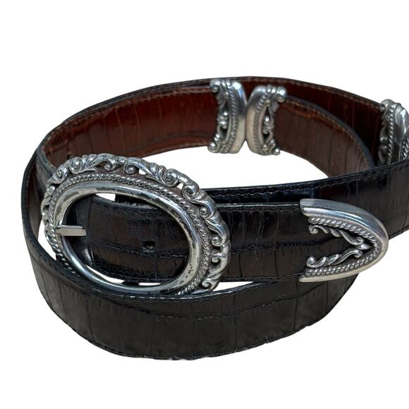 BRIGHTON REVERSIBLE Black/Brown Croc Embossed Leather Belt Size L 31-35” - Picture 1 of 6